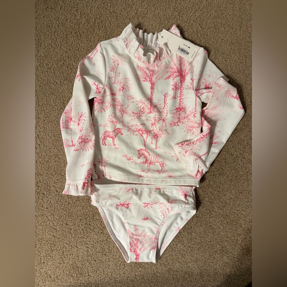 Janie and Jack Pink and White Rash-guard swimsuit Set